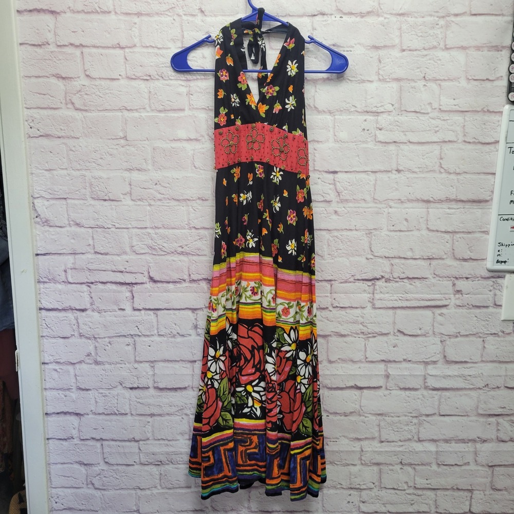CHAUDRY KC Gypsy Floral Halter Maxi Dress Sz S Hippie Summer Party Flowy Boho